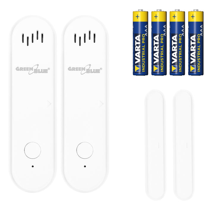 Trådløs kontaktor / WiFi-åbningssensor fra GreenBlue, Android/iOS, til døre / vinduer, 3,0 V DC, LR03x2, med alarm, GB478 2 stk. + 4x Varta Industrial 4003 AAA-alkalibatterier