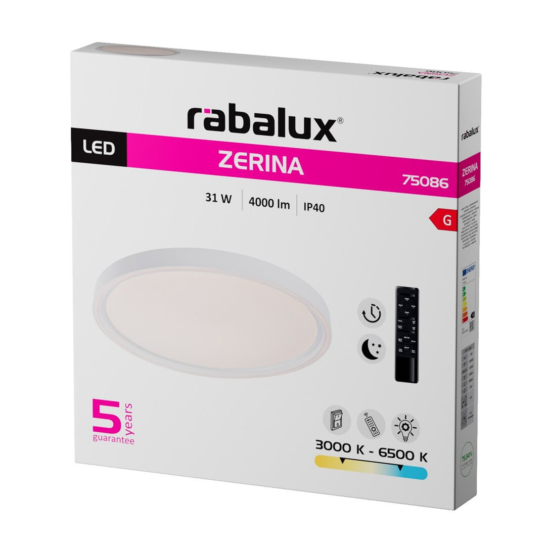 Rabalux Zerina loftslampe, 31 W, IP40, hvid, 3000–6500 K, hukommelsesfunktion, med fjernbetjening, timerfunktion, natlampeeffekt, 75086