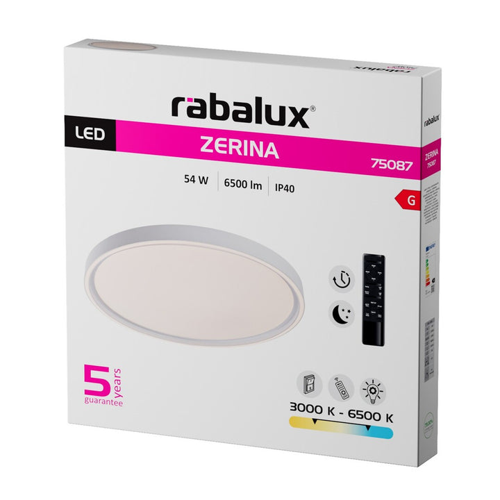 Rabalux Zerina loftslampe, 54 W, IP40, hvid, 3000–6500 K, hukommelsesfunktion, med fjernbetjening, timerfunktion, natlampeeffekt, 75087