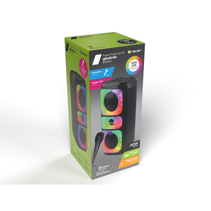 Tracer trådløs højttaler, Bluetooth 5.0, RMS-effekt 20 W, karaoketilstand, mikrofon, Powervox P2 TWS