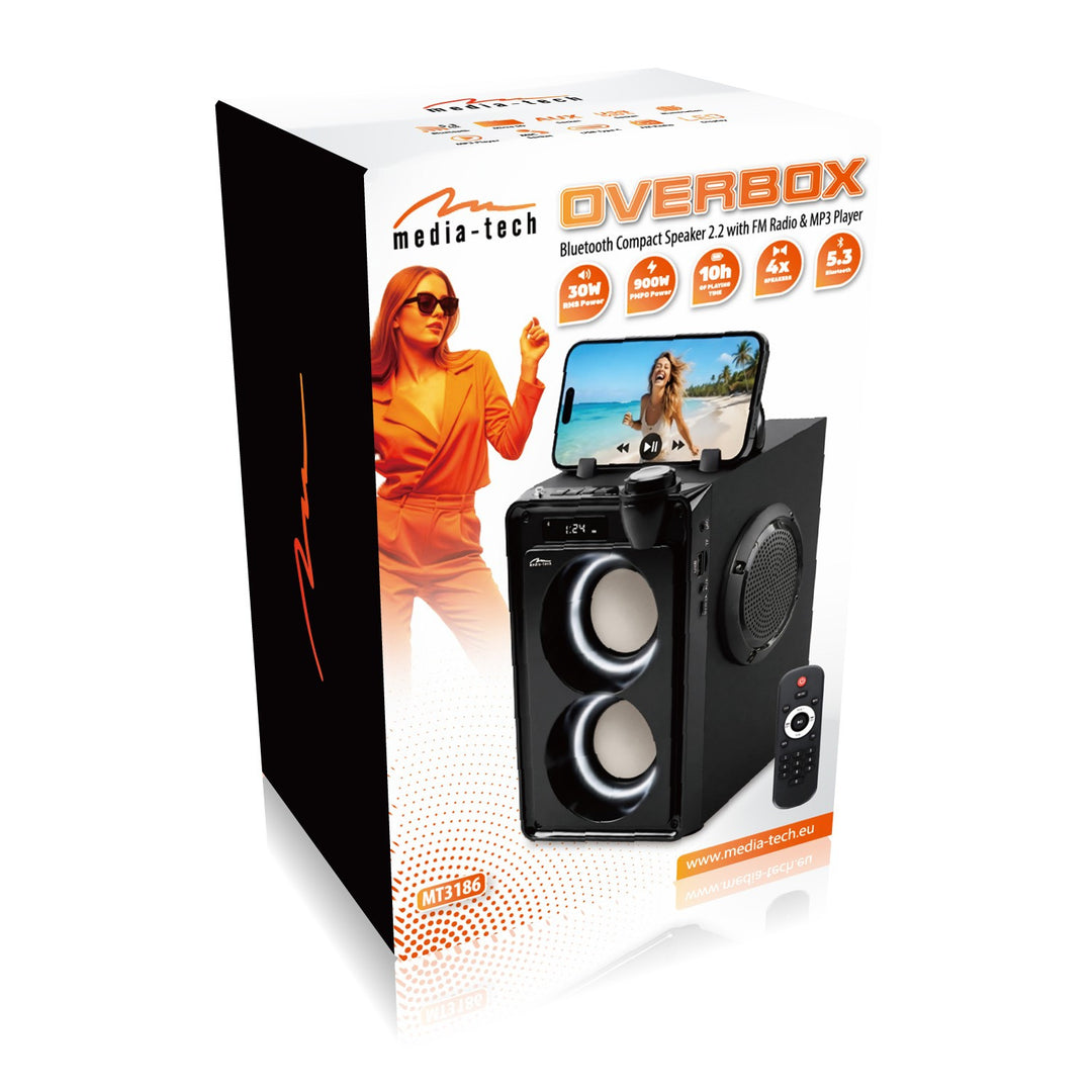 OVERBOX MT3186 bærbar Bluetooth-højttaler, FM-radio, understøtter SD-kort og USB, RMS-effekt 30 W, Mediatech
