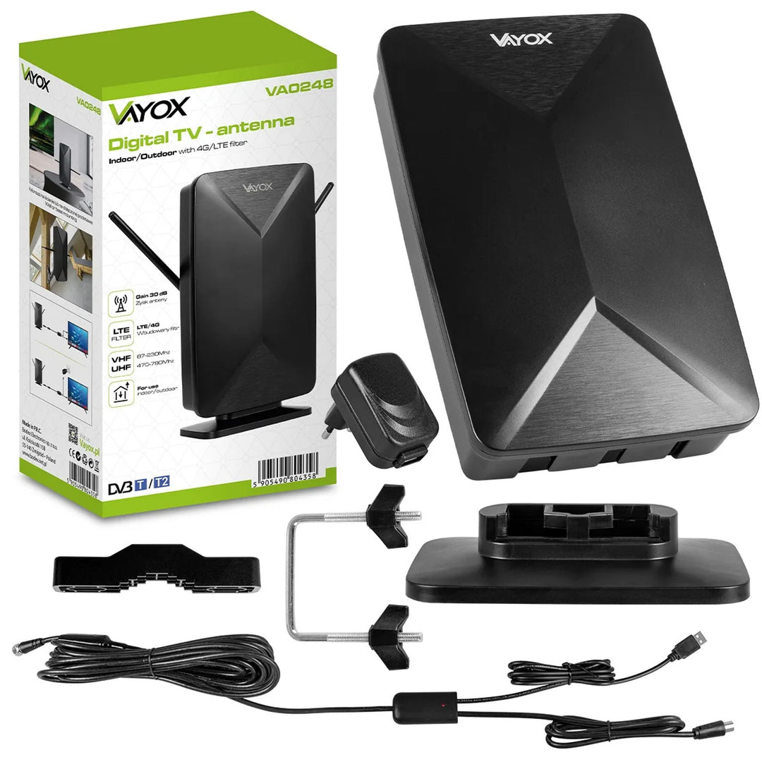 Aktiv antenne, stueantenne, indendørs, udendørs, DVB-T2, 4K-jordbaseret tv, Vayox