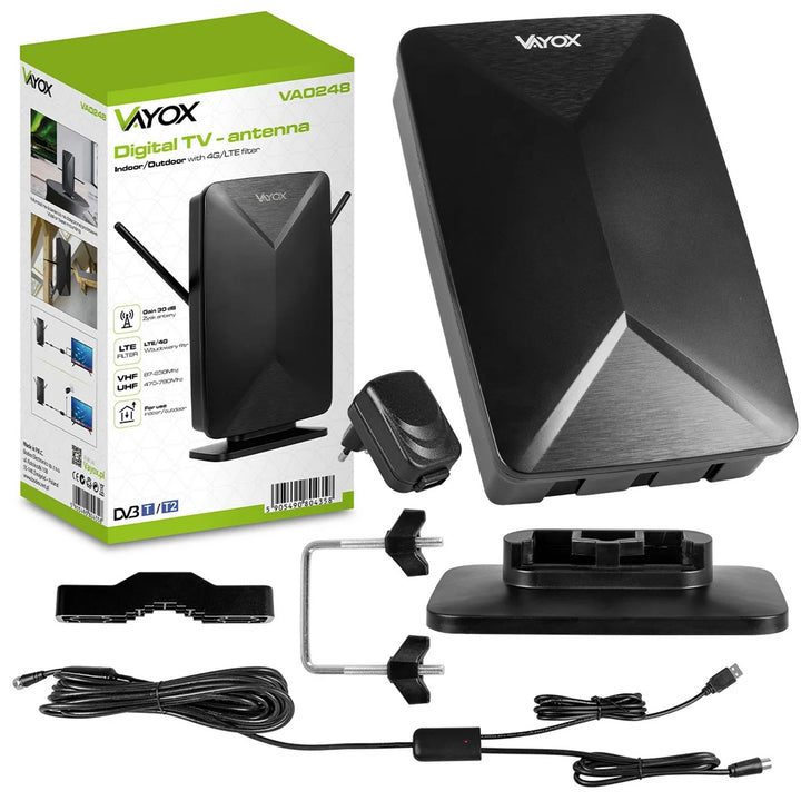Aktiv antenne, stueantenne, indendørs, udendørs, DVB-T2, 4K-jordbaseret tv, Vayox