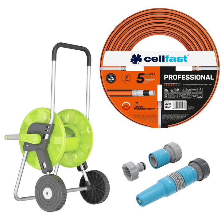 Cellfast haveslange, PROFESSIONAL 3/4" 20 m + Cellfast Economic slangevogn 1/2" 45 m + Sæt med lige sprinkler 3/4" IDEAL