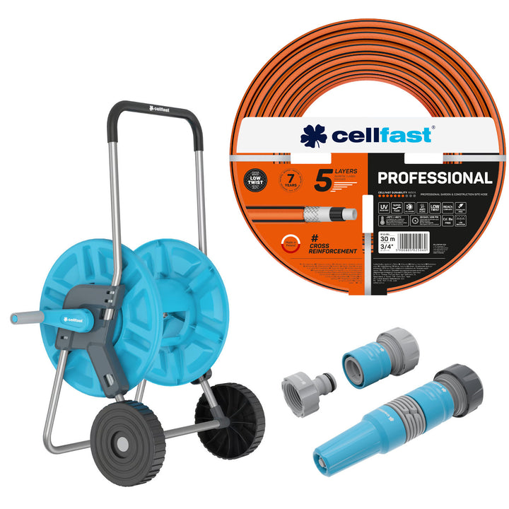 Cellfast haveslange, PROFESSIONAL 3/4" 30 m + sæt med lige sprinkler 3/4" IDEAL + Cellfast Aluplus slangevogn 1/2" 60 m