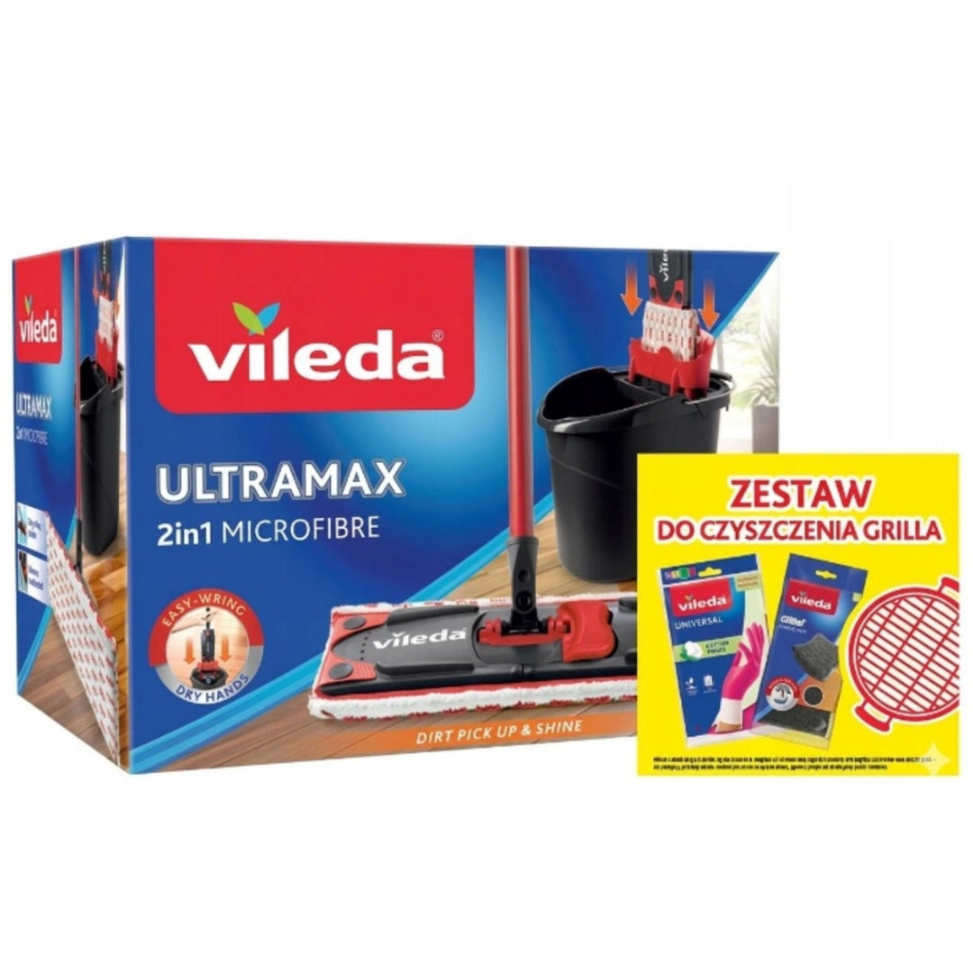Sæt med Ultramax-fladmoppe + Universal-handsker + 2 stk. Glitzi-svampe fra Vileda, berøringsfrit afvandingssystem, to typer fibre, 177453