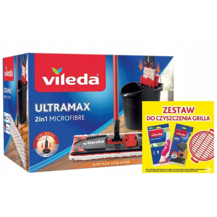 Sæt med Ultramax-fladmoppe + Universal-handsker + 2 stk. Glitzi-svampe fra Vileda, berøringsfrit afvandingssystem, to typer fibre, 177453