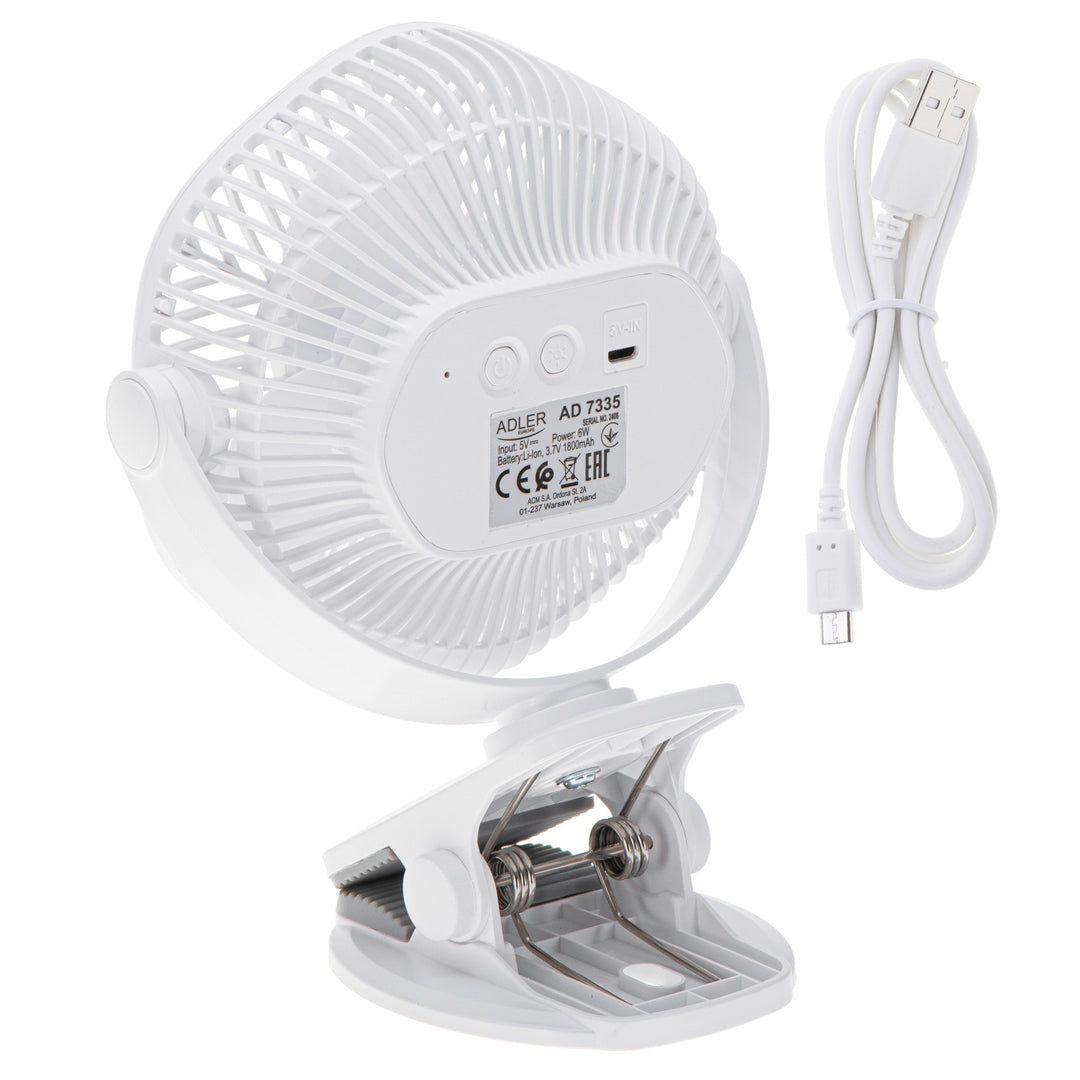 5"/12,7 cm batteridrevet ventilator med klips – USB/LED, AD 7335, Adler