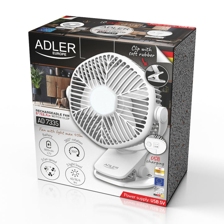 5"/12,7 cm batteridrevet ventilator med klips – USB/LED, AD 7335, Adler