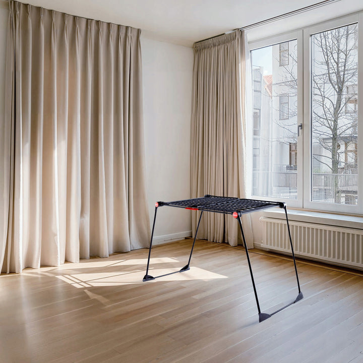 Vileda Infinity Flex Ultimate tørrestativ, sort, op til 30 m tørreflade, udtrækkeligt, forhøjet stel, tøjkroge, indbyggede hjul, 179620
