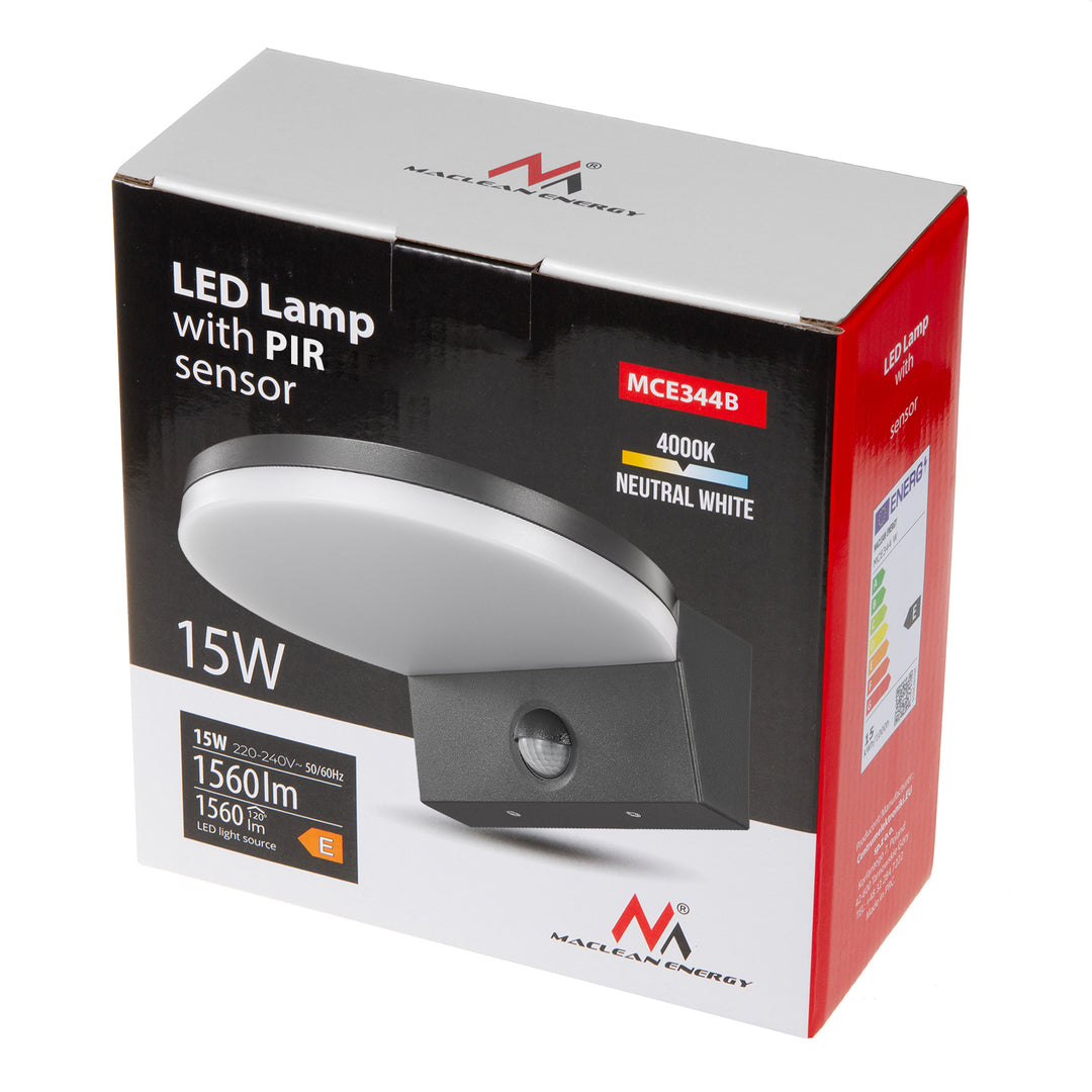Maclean LED-lampe med bevægelsessensor, PIR-bevægelsessensor, sort, 15 W, IP65, 1560 lm, neutral hvid farve (4000 K) MCE344 B, 2 stk.