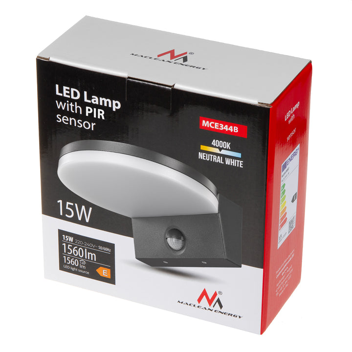 Maclean LED-lampe med bevægelsessensor, PIR-bevægelsessensor, sort, 15 W, IP65, 1560 lm, neutral hvid farve (4000 K) MCE344 B, 2 stk.