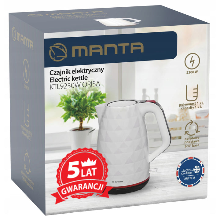 Manta ORISA trådløs elkedel, 1,7 l, 2200 W, hvid