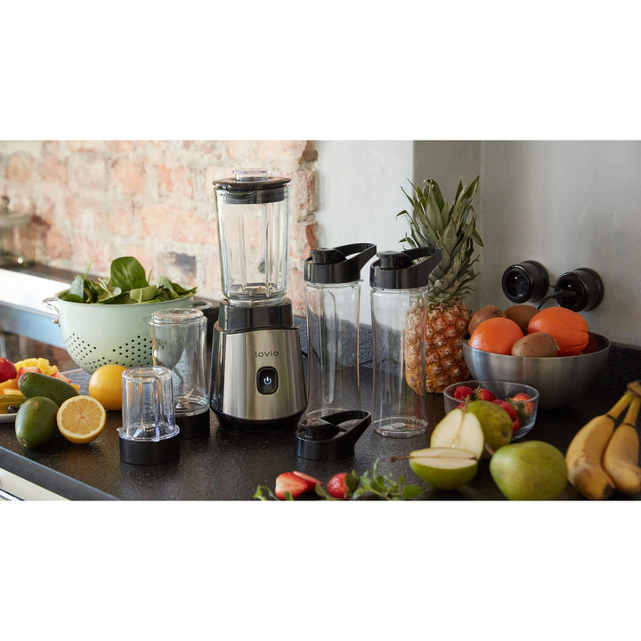 LOVIO LVJBL001 blender med beholder, 500 W, 600 ml glasbeholder, 3 flasker
