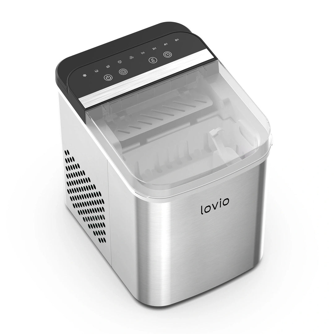 Lovio Crystal Ice Plus ismaskine til hjemmet, i stål, sølvfarvet, hurtig isproduktion