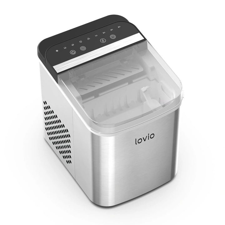Lovio Crystal Ice Plus ismaskine til hjemmet, i stål, sølvfarvet, hurtig isproduktion