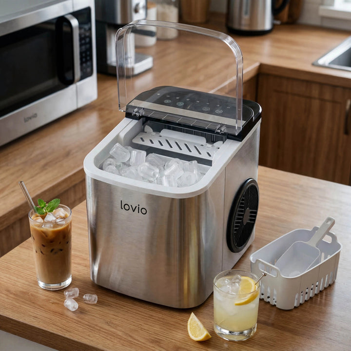 Lovio Crystal Ice Plus ismaskine til hjemmet, i stål, sølvfarvet, hurtig isproduktion