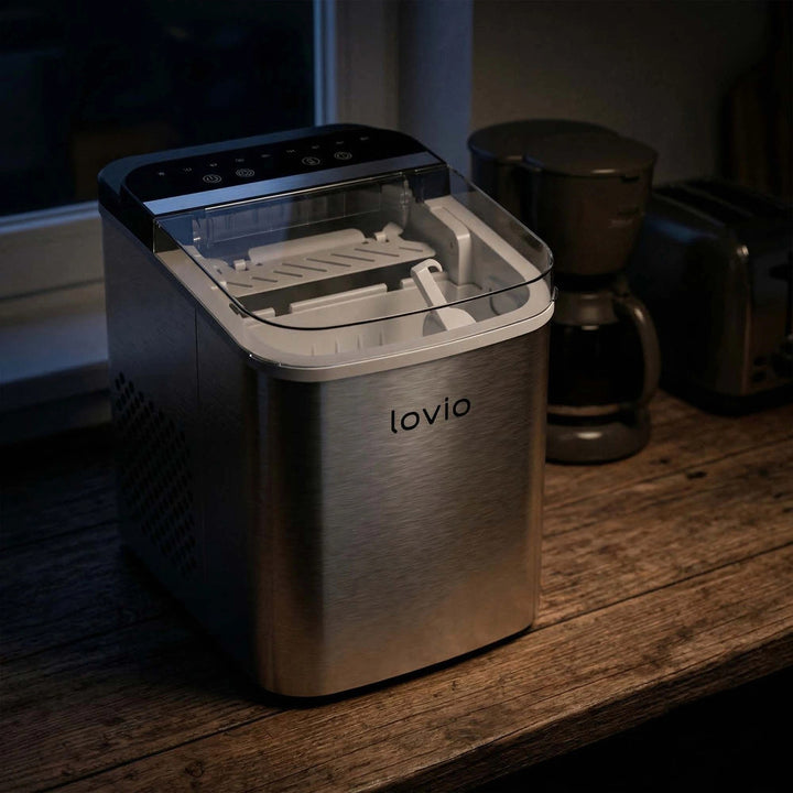 Lovio Crystal Ice Plus ismaskine til hjemmet, i stål, sølvfarvet, hurtig isproduktion