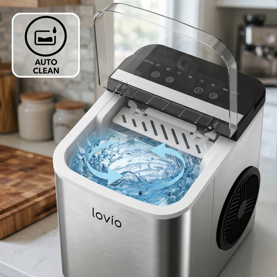 Lovio Crystal Ice Plus ismaskine til hjemmet, i stål, sølvfarvet, hurtig isproduktion