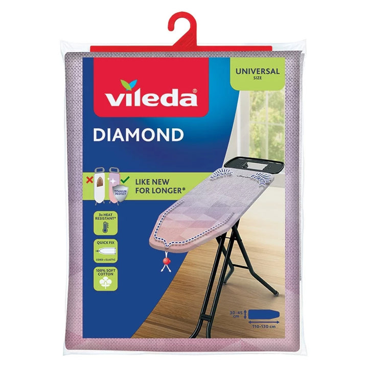 Overtræk til strygebræt Vileda Diamond, længde 110–130 cm, tåler høje temperaturer, Quick Fix-system, 142468