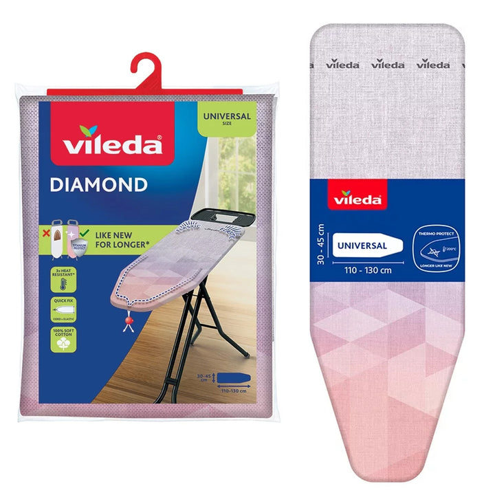 Overtræk til strygebræt Vileda Diamond, længde 110–130 cm, tåler høje temperaturer, Quick Fix-system, 142468