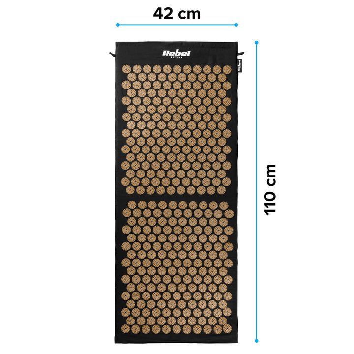 Sundhedsmåtte med akupressurpigger og pude, 110 x 42 cm, XL, gyldne pigger, Rebel Active