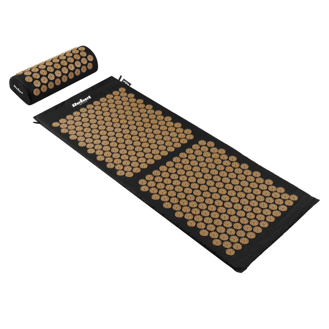 Sundhedsmåtte med akupressurpigger og pude, 110 x 42 cm, XL, gyldne pigger, Rebel Active