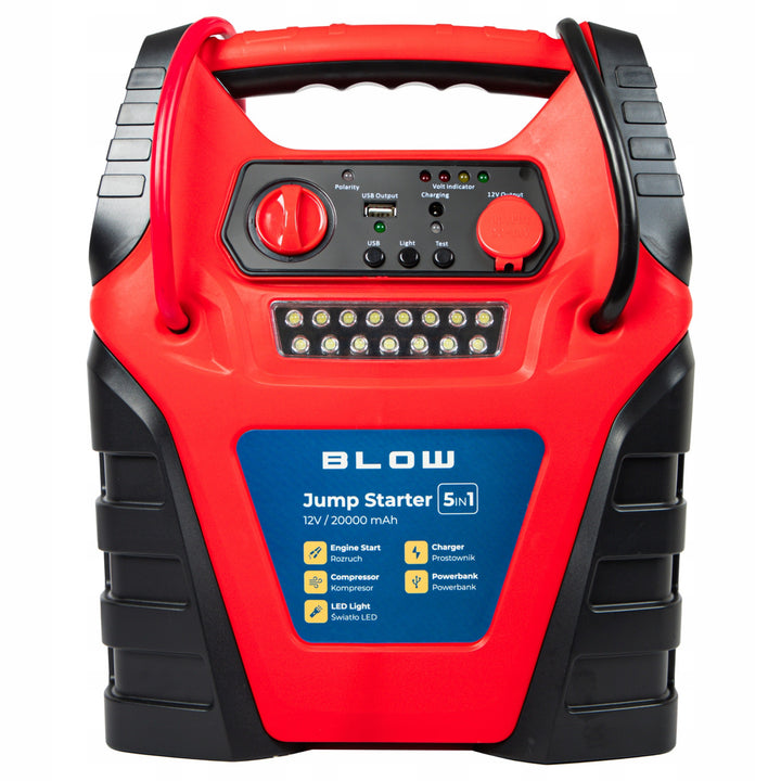 Jump Starter 5-i-1 Blow, med kompressor-, oplader- og powerbank-funktion, 12 V 20.000 mAh batteri, strøm – startstrøm 400 A, spidsstrøm 900 A, udstyret med en overbelastningssikring, 81-210#