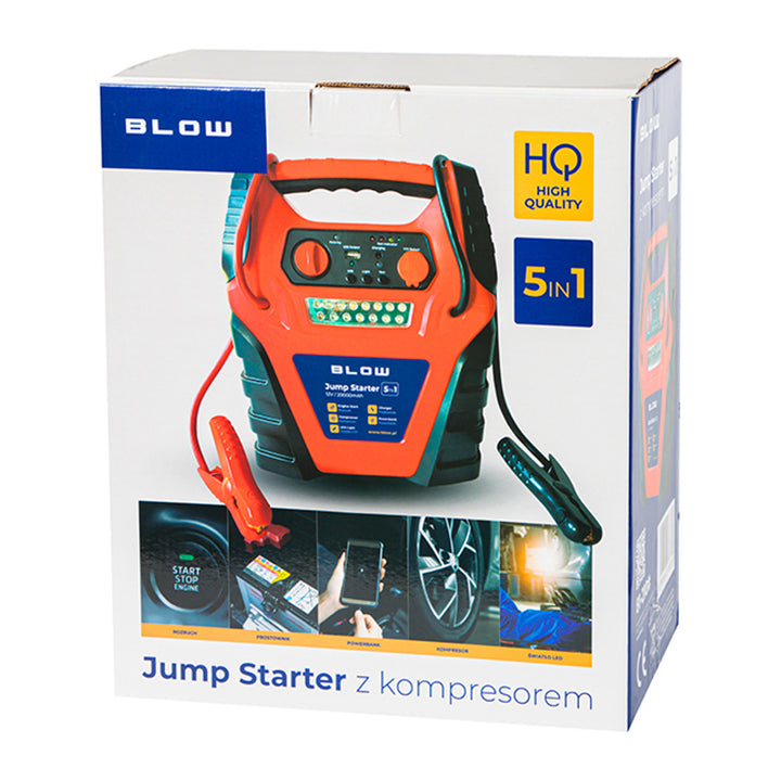 Jump Starter 5-i-1 Blow, med kompressor-, oplader- og powerbank-funktion, 12 V 20.000 mAh batteri, strøm – startstrøm 400 A, spidsstrøm 900 A, udstyret med en overbelastningssikring, 81-210#