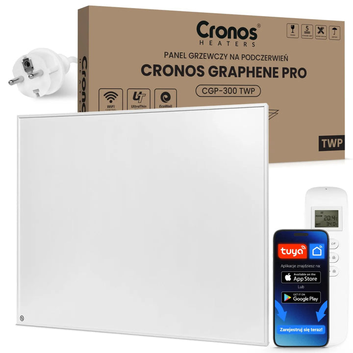 Cronos Graphene infrarødt varmepanel, effekt 300 W, farve: hvid, opvarmer et rum på op til 8 m², fjernbetjening, PRO CGP-300TWP