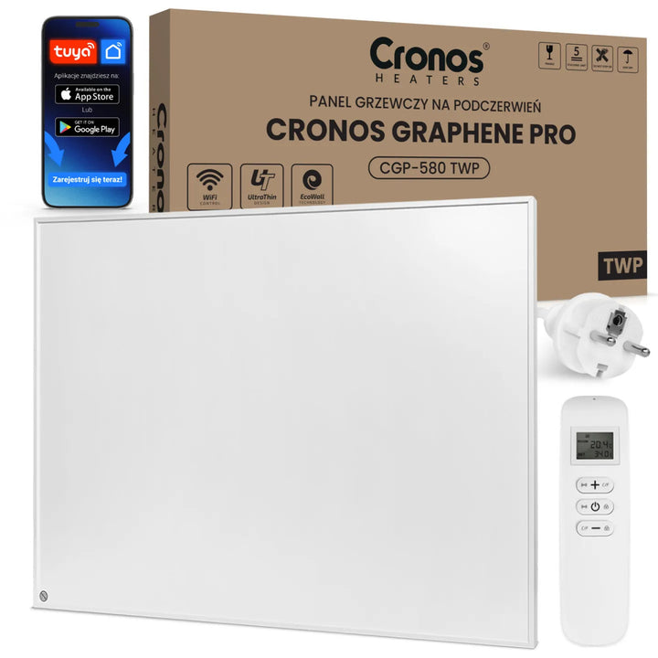 Cronos Graphene infrarødt varmeelement, effekt 580 W, farve: hvid, opvarmer rum på op til 16 m², fjernbetjening, PRO CGP-580TWP