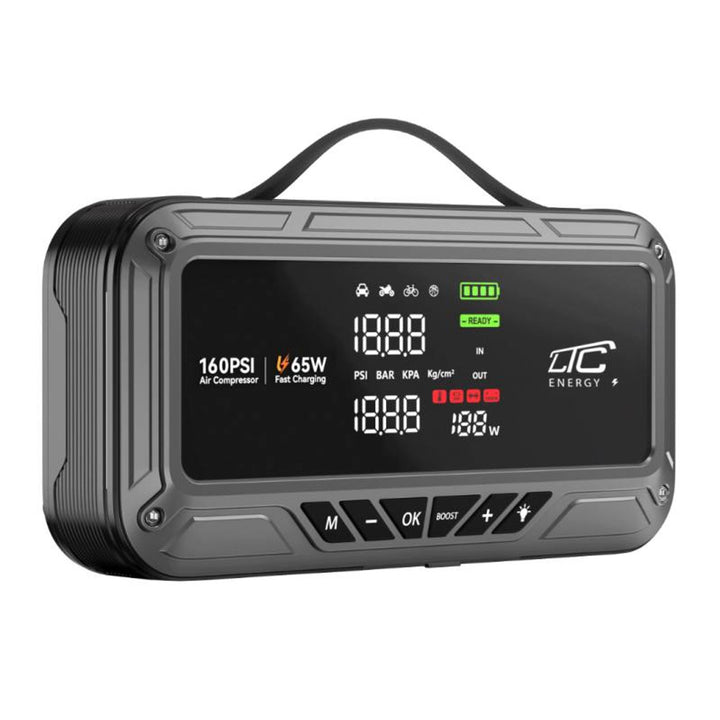 LTC-startbooster, 12.000 mAh, med kompressor, lommelygte og powerbank, LCD-skærm, effekt 65 W, kabler og taske medfølger, LXJS120