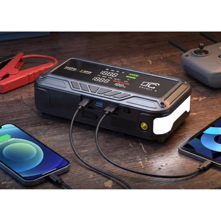 LTC-startbooster, 12.000 mAh, med kompressor, lommelygte og powerbank, LCD-skærm, effekt 65 W, kabler og taske medfølger, LXJS120