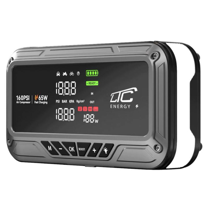 LTC-startbooster, 12.000 mAh, med kompressor, lommelygte og powerbank, LCD-skærm, effekt 65 W, kabler og taske medfølger, LXJS120