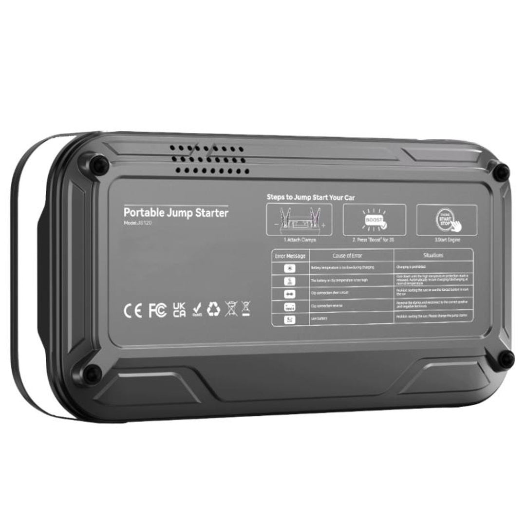 LTC-startbooster, 12.000 mAh, med kompressor, lommelygte og powerbank, LCD-skærm, effekt 65 W, kabler og taske medfølger, LXJS120