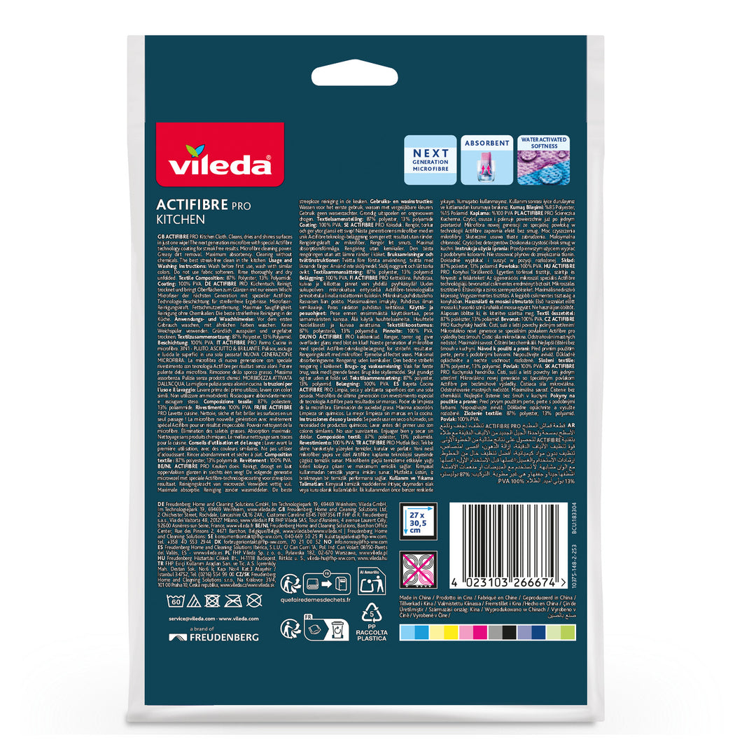Vileda Actifibre Pro køkkenklud, 1 stk., af mikrofiber, PVA-belægning, kan vaskes ved op til 60 °C, 183303
