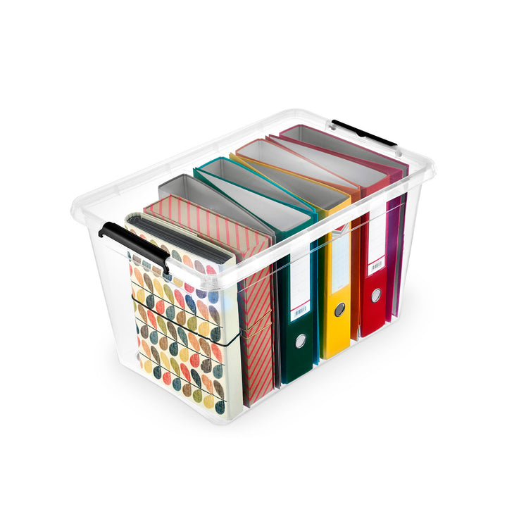 Moxom SimpleStore-beholder, rumindhold 60 l, gennemsigtig, låg med kliklås, med hjul, BPA-fri, 04-0081