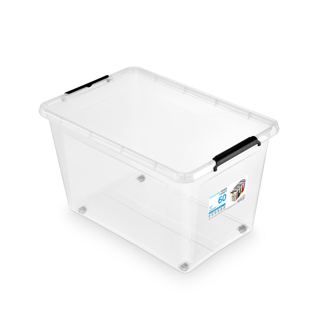 Moxom SimpleStore-beholder, rumindhold 60 l, gennemsigtig, låg med kliklås, med hjul, BPA-fri, 04-0081