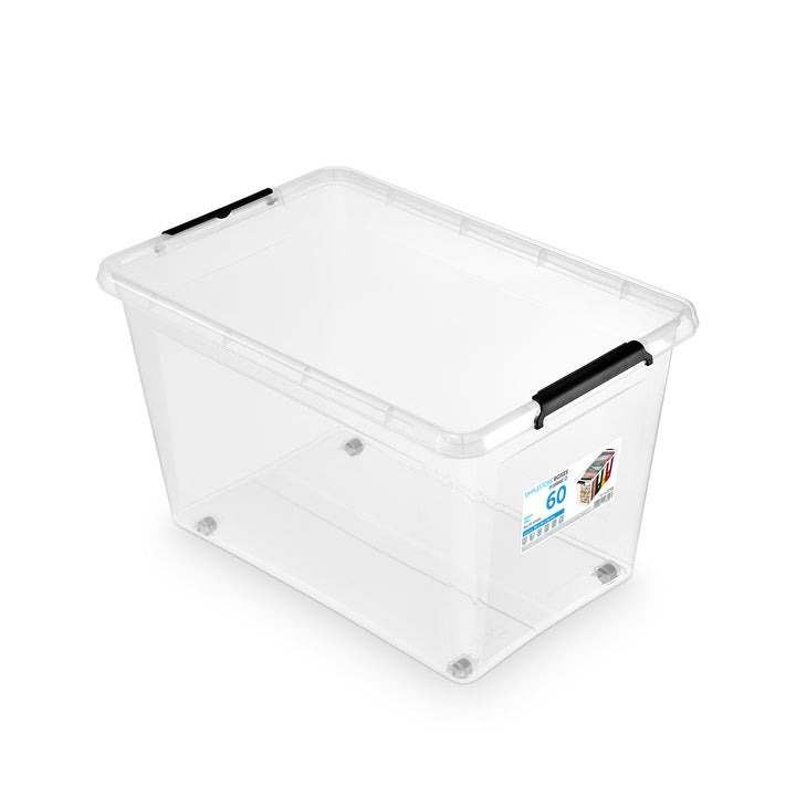 Moxom SimpleStore-beholder, rumindhold 60 l, gennemsigtig, låg med kliklås, med hjul, BPA-fri, 04-0081