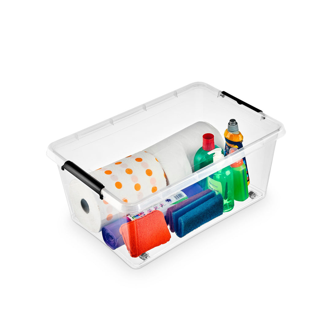 Moxom SimpleStore-beholder, rumfang 40 l, gennemsigtig, låg med kliklås, med hjul, BPA-fri, 04-0076
