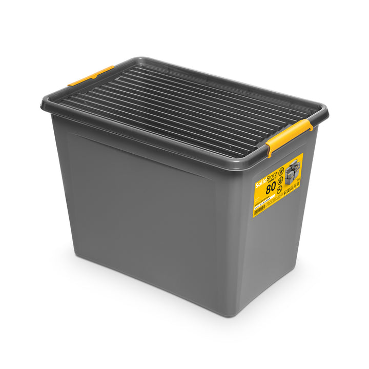Moxom SolidStore-beholder, rumfang 80 l, grå, låg med kliklås, med hjul, BPA-fri, 04-0217