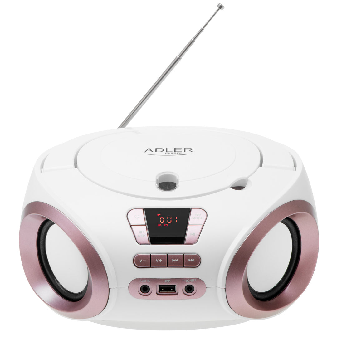 Boombox-radio med CD-MP3, USB, FM-radio, AUX, hovedtelefonudgang, Adler, AD 1181