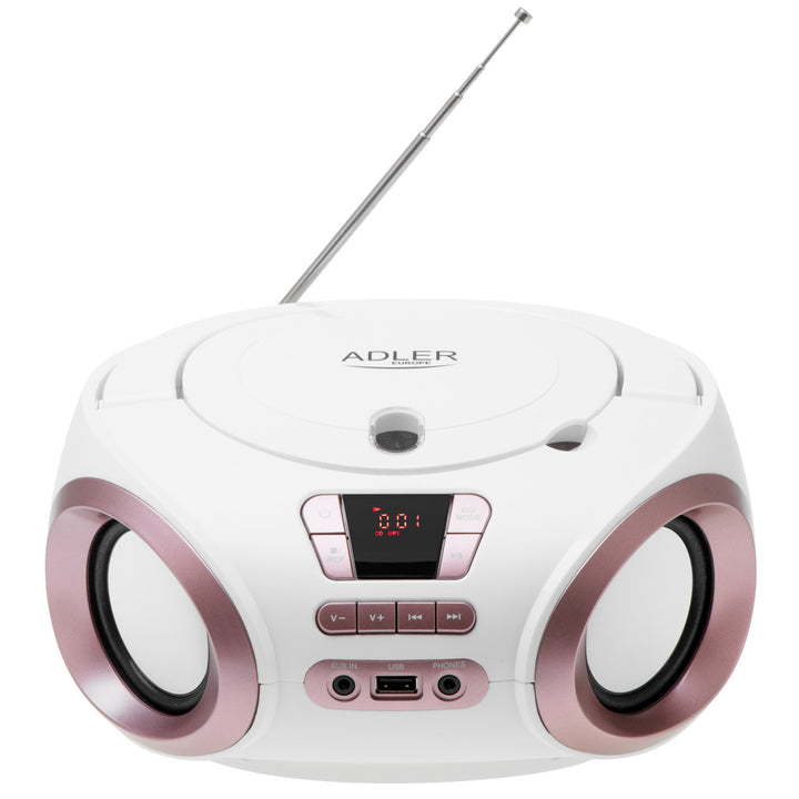 Boombox-radio med CD-MP3, USB, FM-radio, AUX, hovedtelefonudgang, Adler, AD 1181