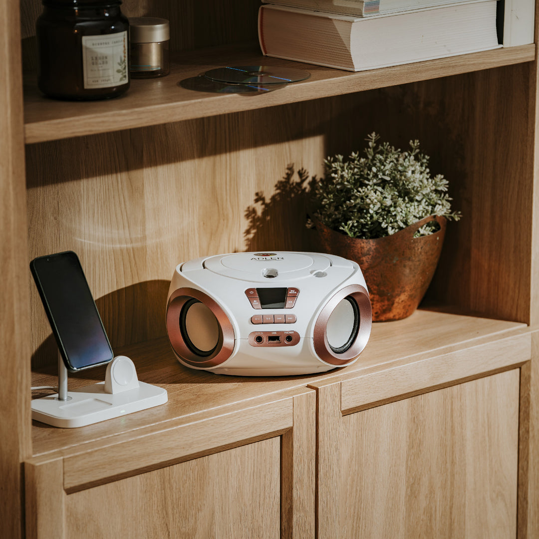 Boombox-radio med CD-MP3, USB, FM-radio, AUX, hovedtelefonudgang, Adler, AD 1181