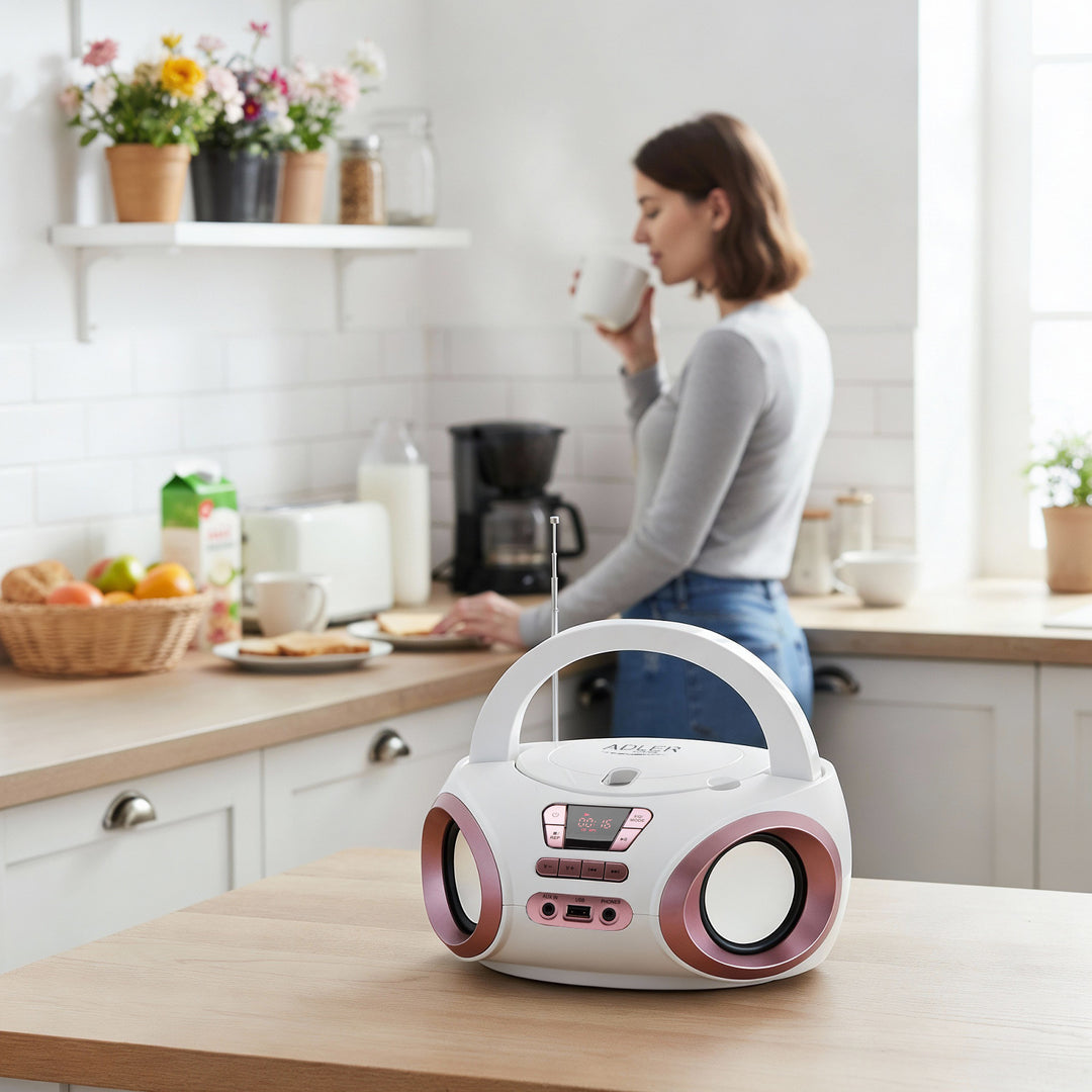 Boombox-radio med CD-MP3, USB, FM-radio, AUX, hovedtelefonudgang, Adler, AD 1181
