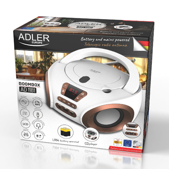 Boombox-radio med CD-MP3, USB, FM-radio, AUX, hovedtelefonudgang, Adler, AD 1181