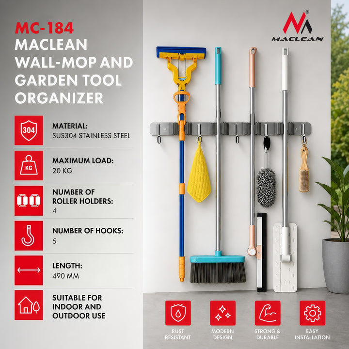 Maclean vægmonteret opbevaringssystem til haveværktøj og mopper, af stål, med kroge, maks. belastning 20 kg, bredde 49 cm, MC-184, 2 stk.