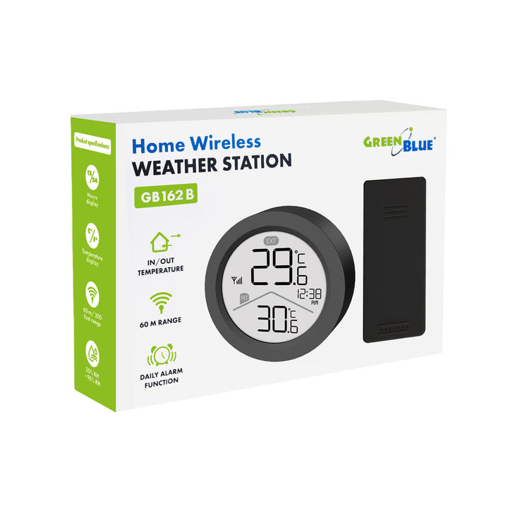 GreenBlue trådløs vejrstation, indendørs/udendørs temperatur, ur, valg mellem °C og °F, rækkevidde op til 60 m, sort, GB162 B + 4 stk. Varta Industrial AAA-alkalibatterier