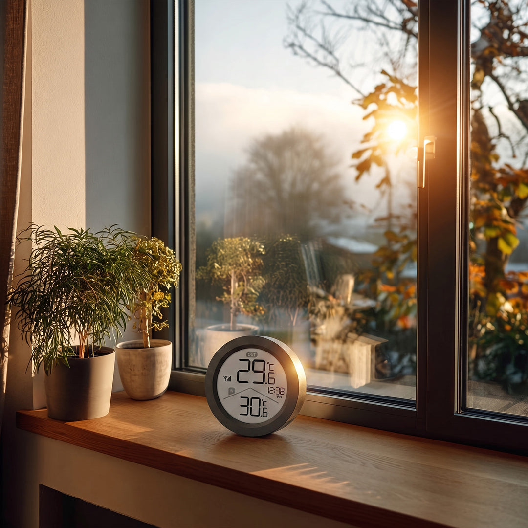 GreenBlue trådløs vejrstation, indendørs/udendørs temperatur, ur, valg mellem °C og °F, rækkevidde op til 60 m, sort, GB162 B + 4 stk. Varta Industrial AAA-alkalibatterier