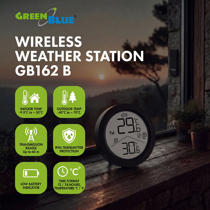 GreenBlue trådløs vejrstation, indendørs/udendørs temperatur, ur, valg mellem °C og °F, rækkevidde op til 60 m, sort, GB162 B + 4 stk. Varta Industrial AAA-alkalibatterier